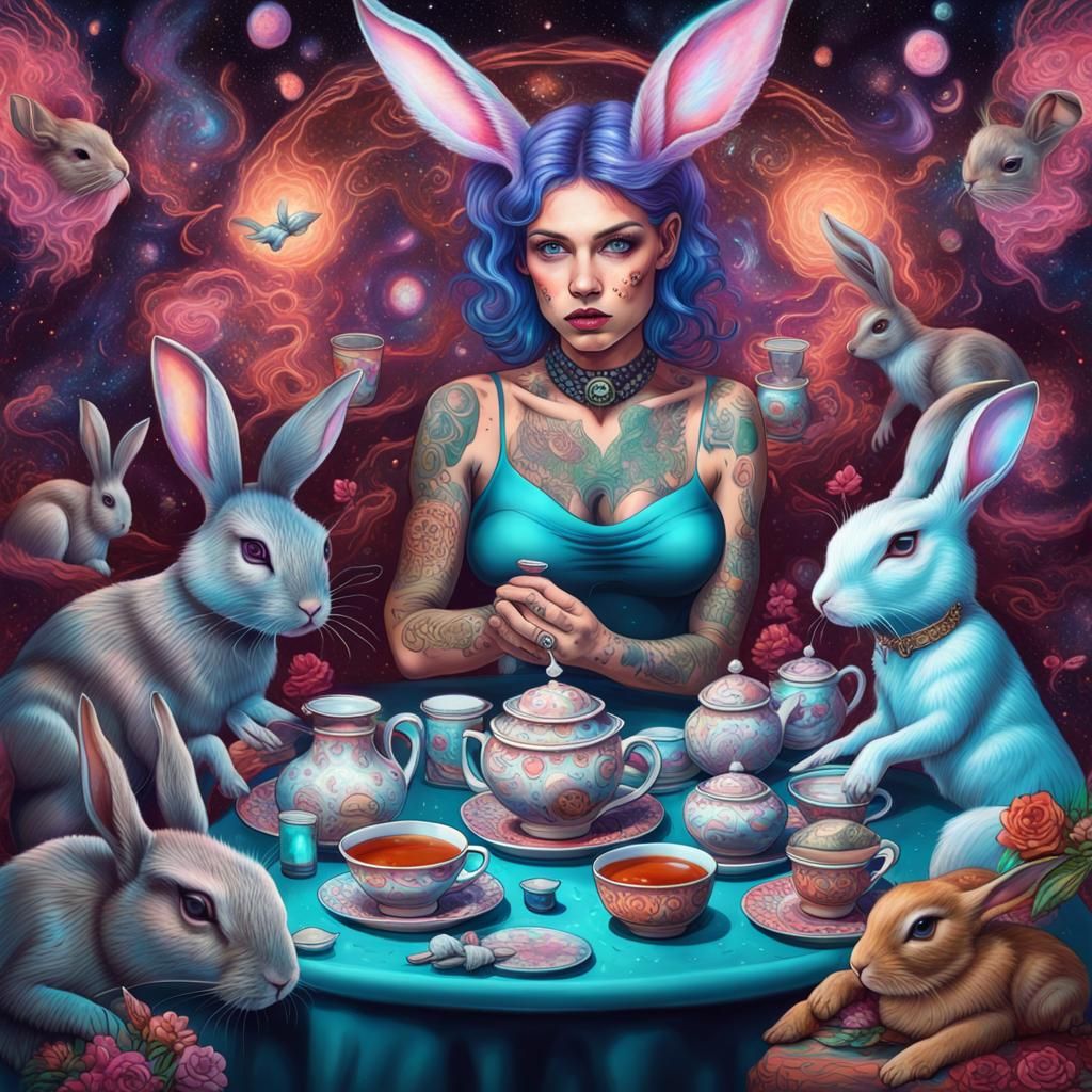 Tattooed Woman's Psychedelic Tea Party Illustration