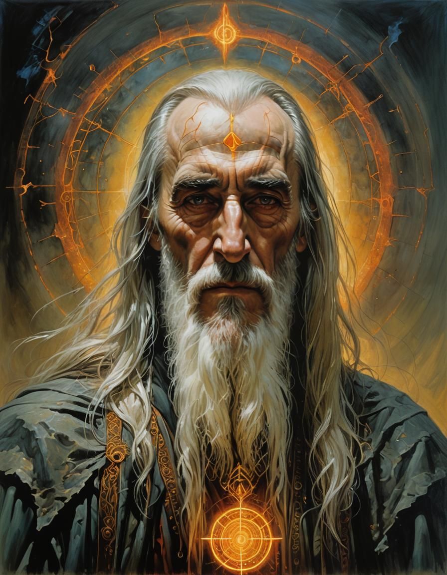 Saruman Portrait in Chiaroscuro Style with Runes