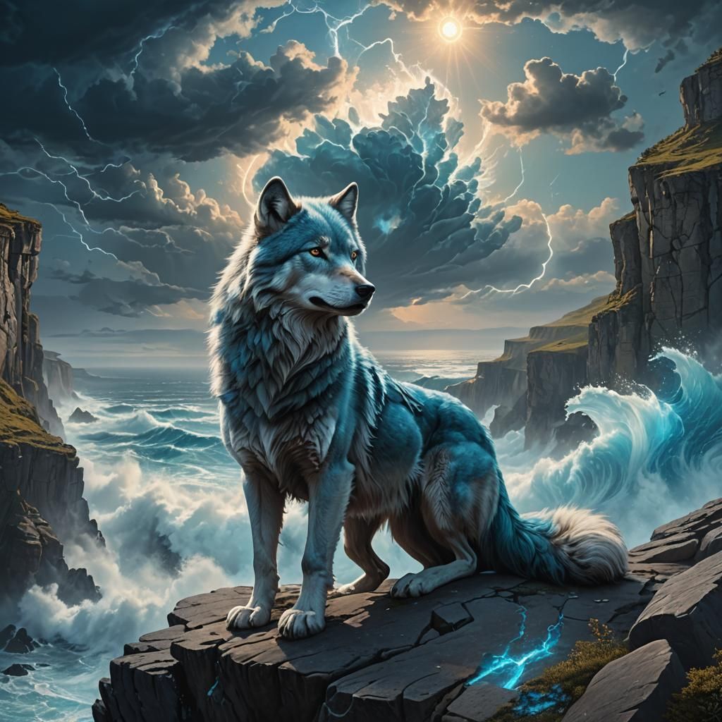 Majestic Blue Wolf with Magical Energy