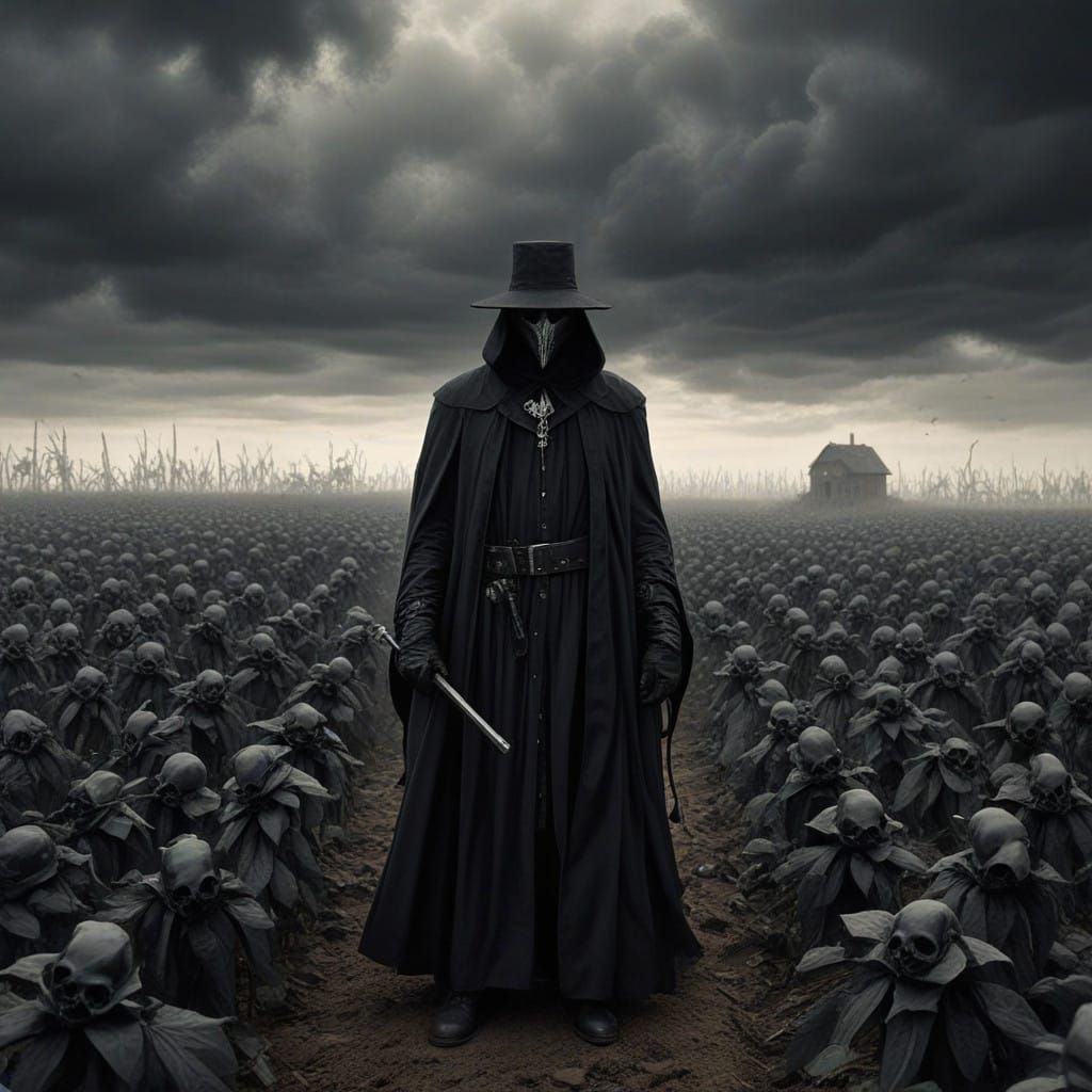 Hell's Dark Plague Doctor Amidst Black Rose Fields
