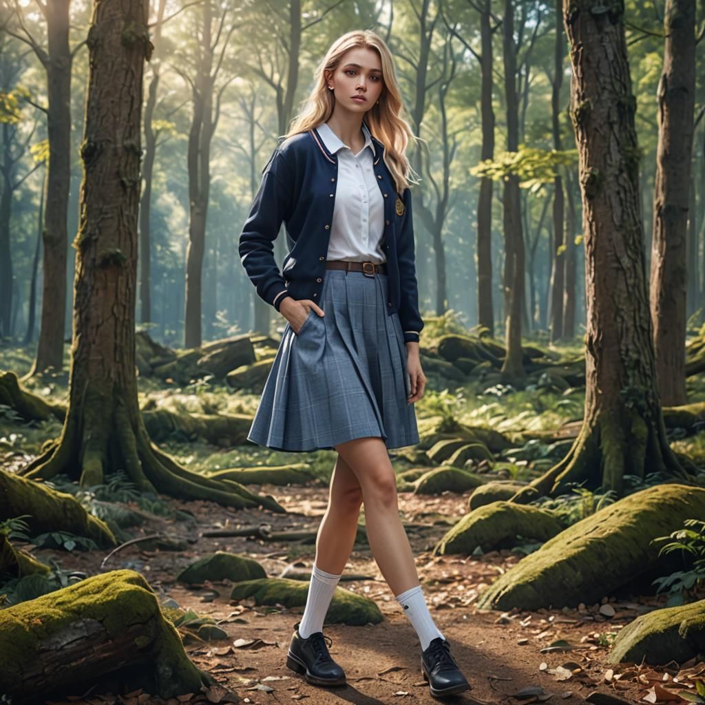 Girl in School Uniform, Photorealistic Matte Painting