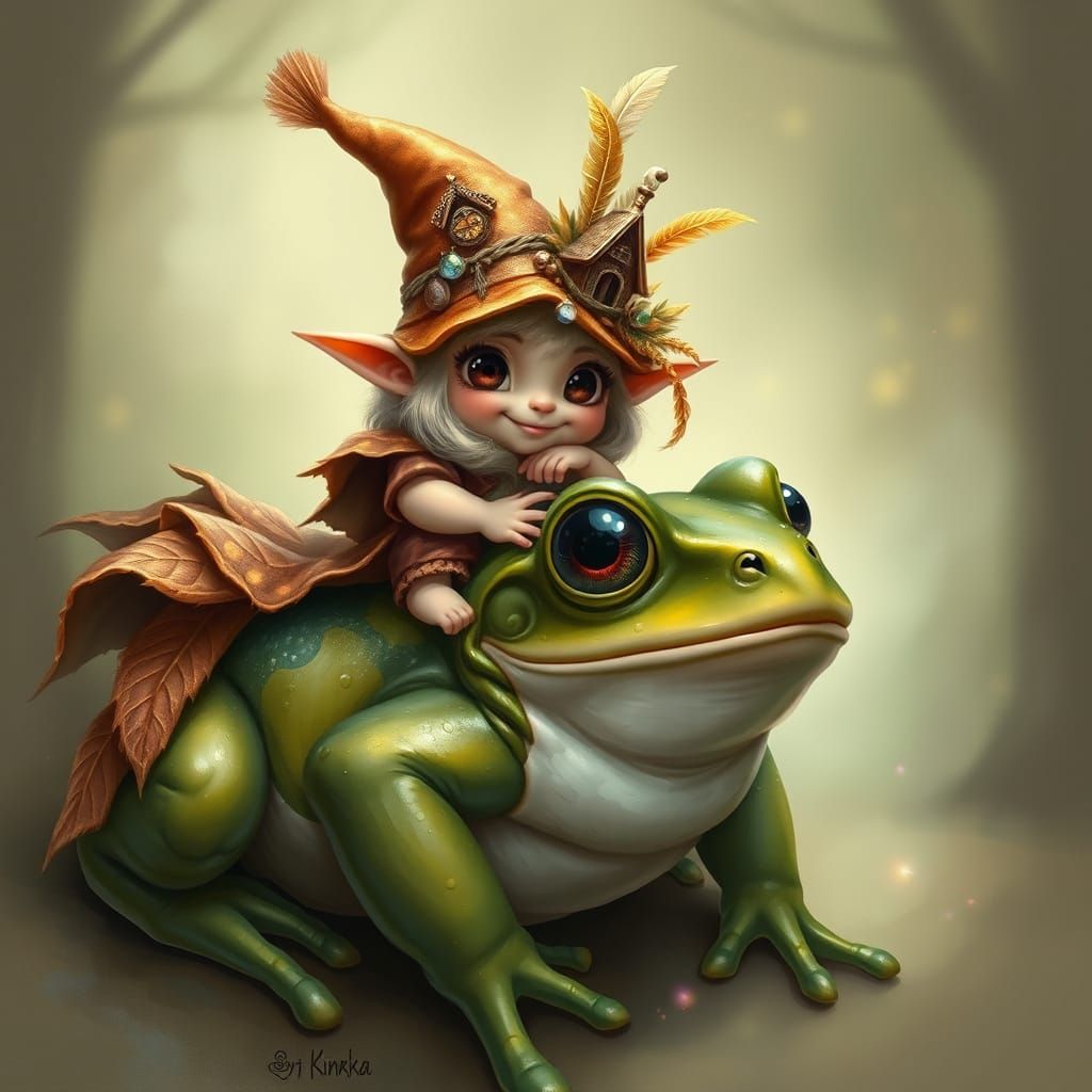 Mystical Gnome Sits atop Ancient Frog in Whimsical Forest Sc...
