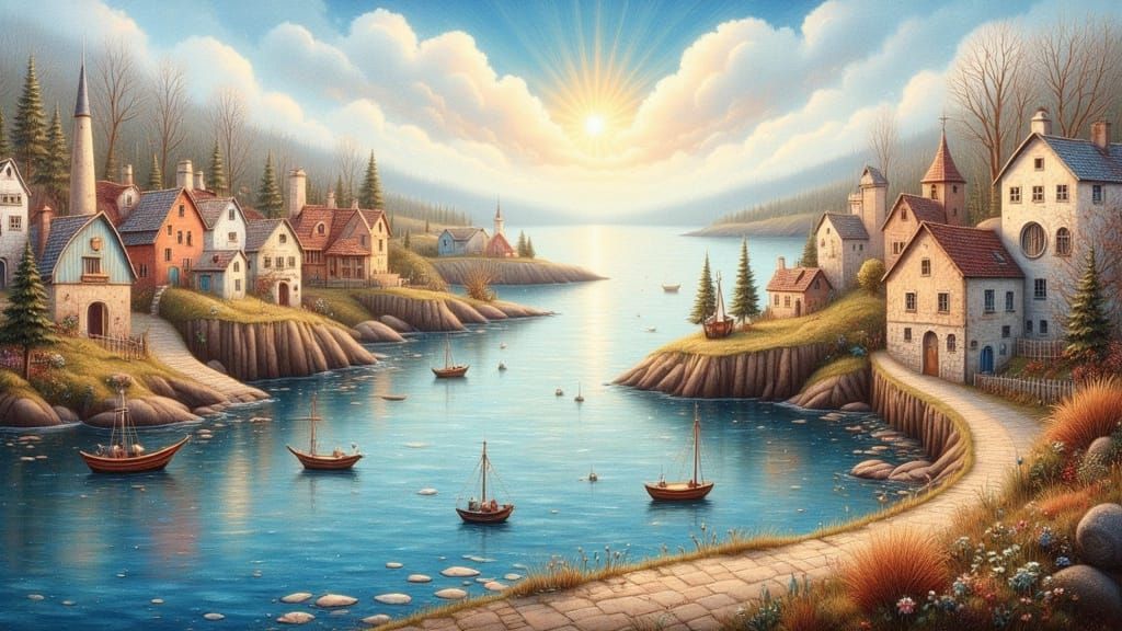 Whimsical Fishing Village in Earthy Oil Paintings