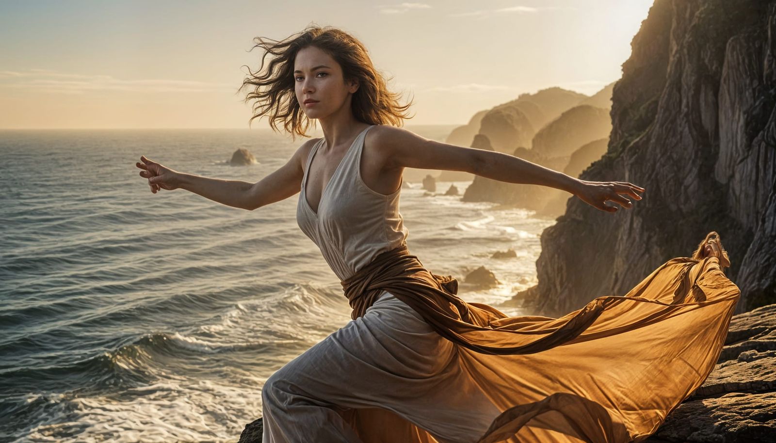 Vintage Heroine on Cliffside, Oil Painting Style