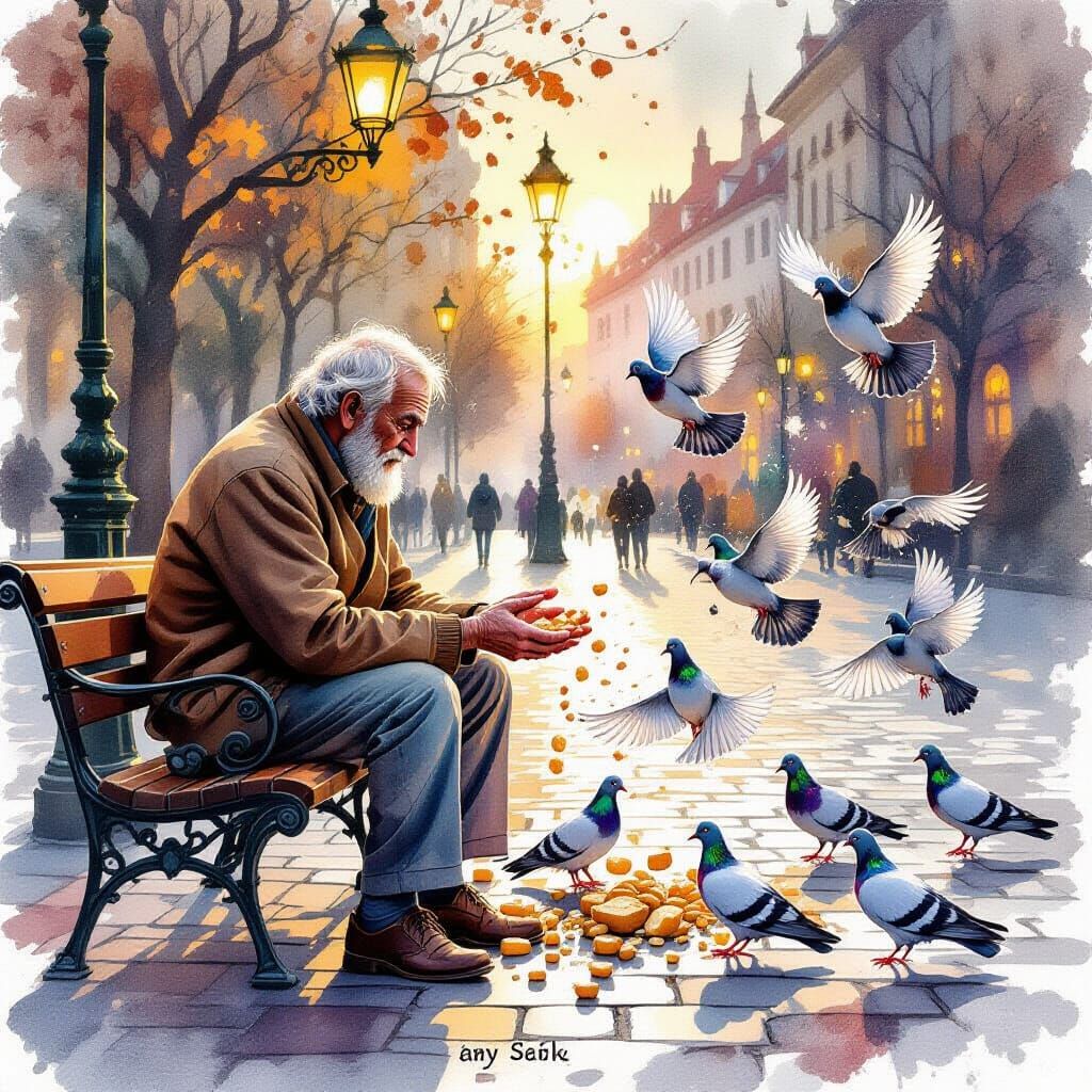 Elderly Man Shares Bread With Pigeons in Warm Watercolor