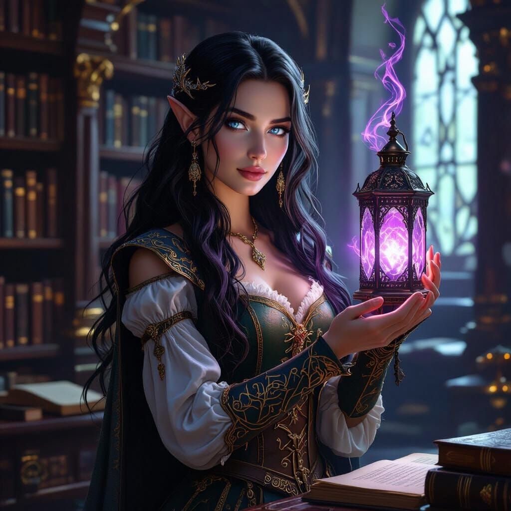 Enchanting Elf Woman with Magic Lantern in Library