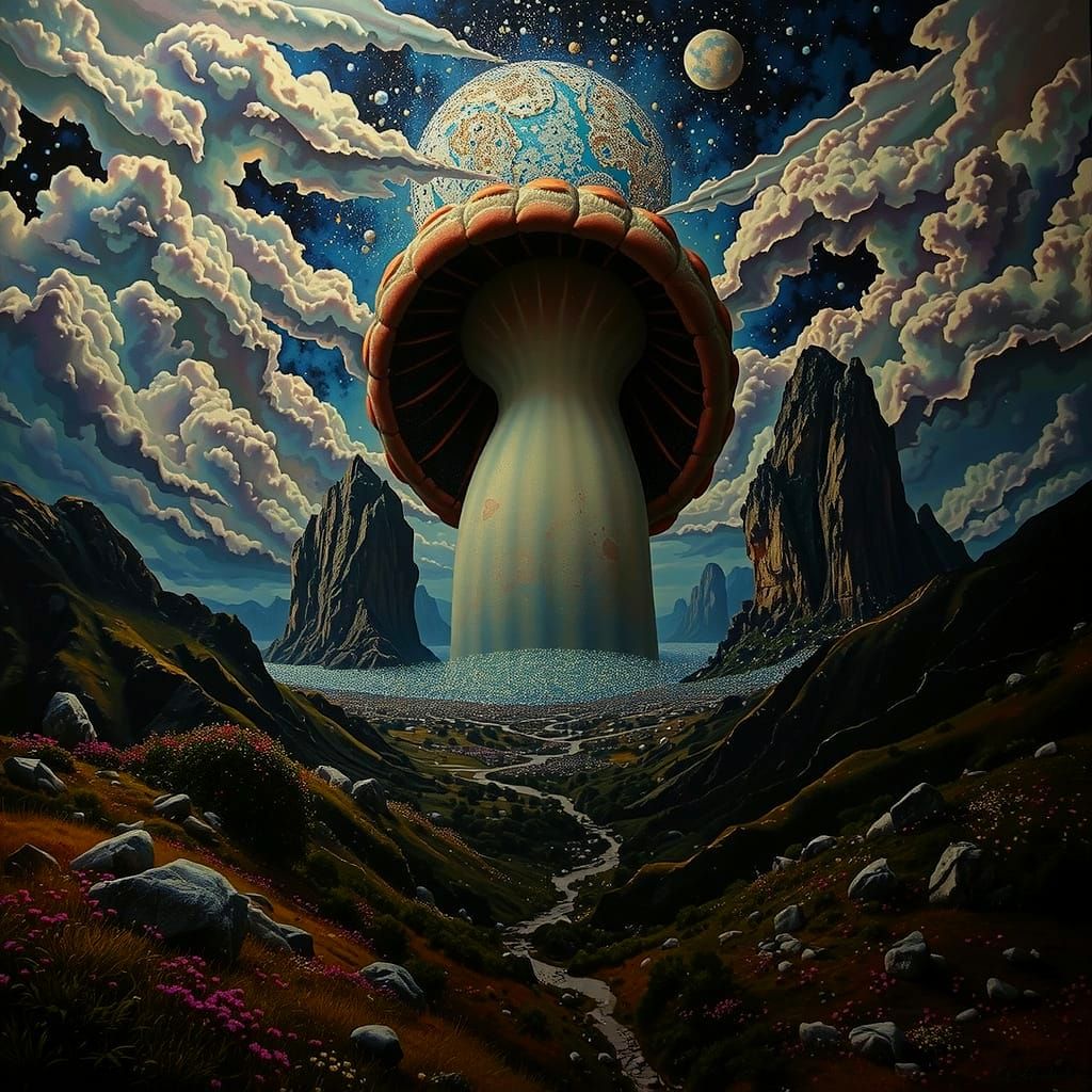 Dreamlike Amoeboid Landscape Painting in Pink, Blue, and Whi...