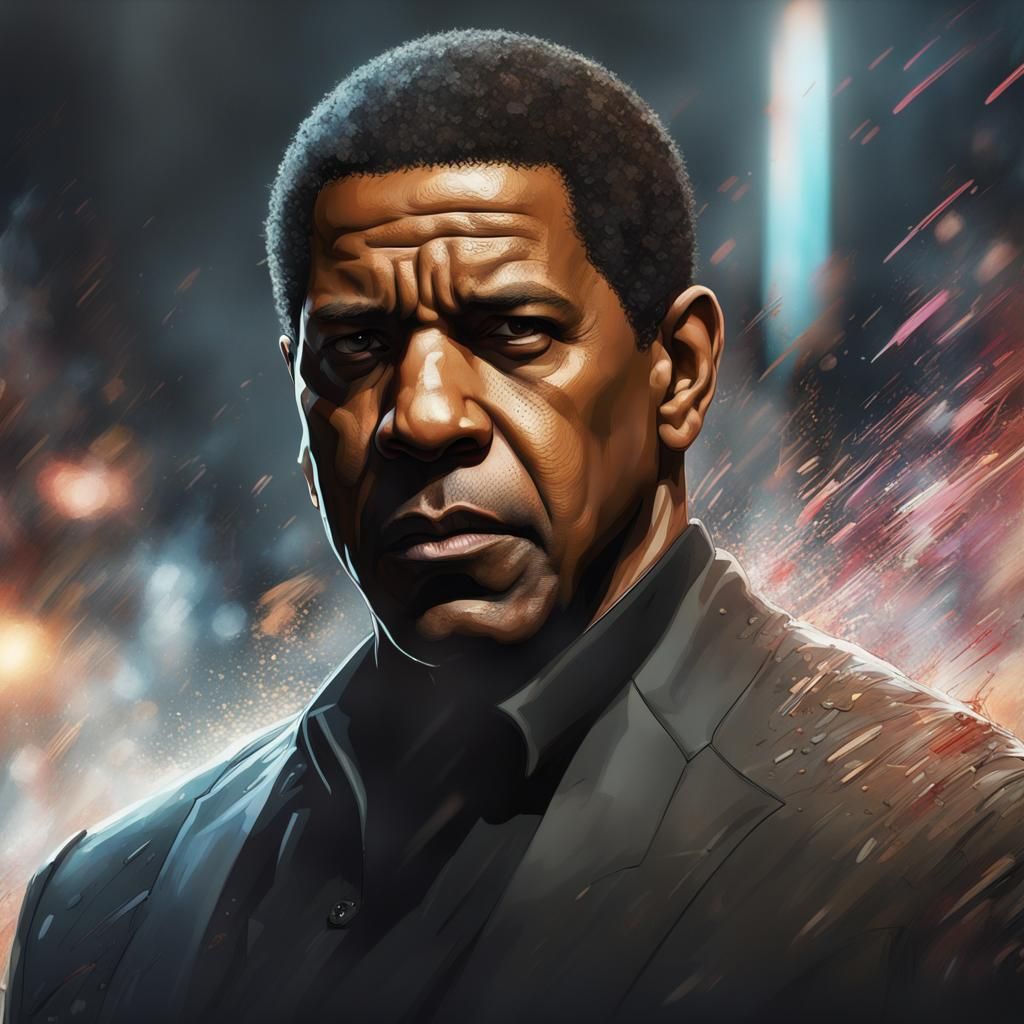 a visually striking image of Denzel Washington in slow motion, capturing the fluidity of his movements and the intensity...