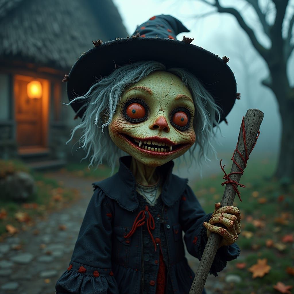 Grotesque Apple Witch Doll in a Haunting Autumnal Scene