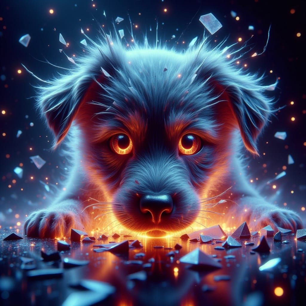 Neon Puppy in Broken Glass, Sci-Fi Style