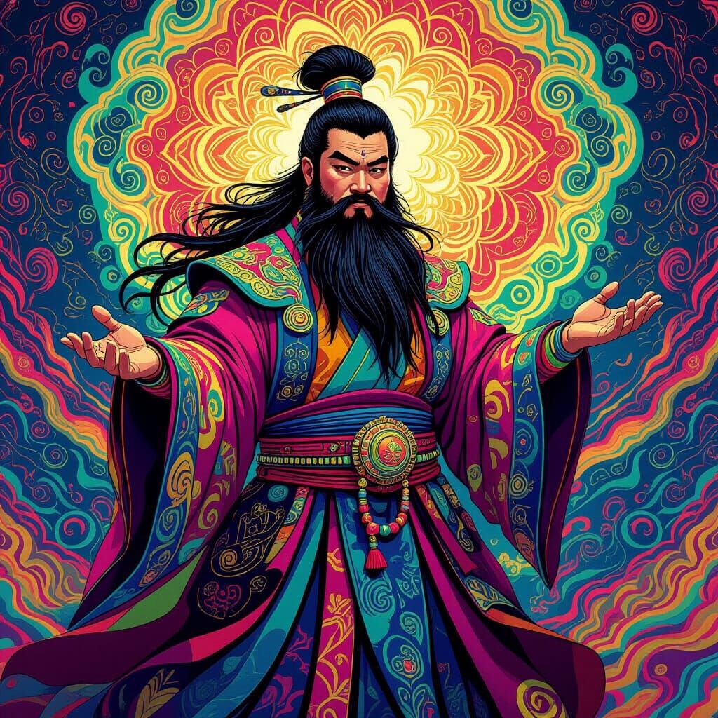 Psychedelic Asian Sorcerer in Kaleidoscopic Robes