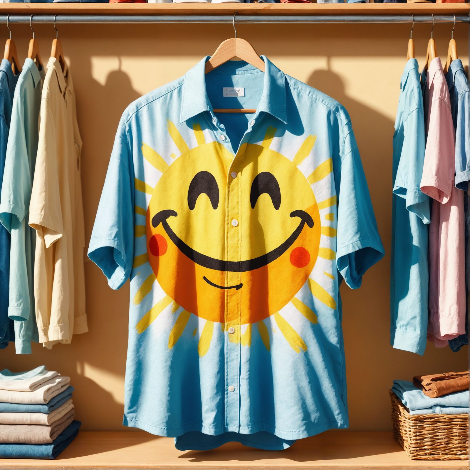 Joyful Shirt in Sunny Closet: Hyper-Realistic Oil Painting