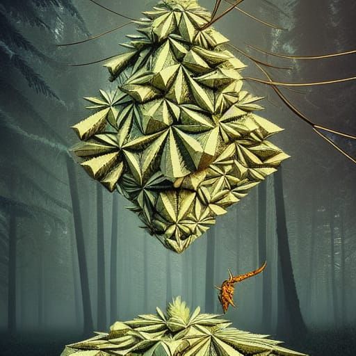 Geometric Cannabis Origami Forest: Hyperrealistic Collage