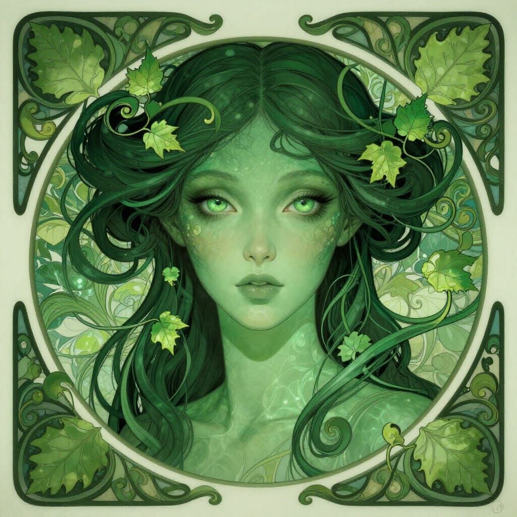 Art Nouveau Alien Woman Portrait with Floral Frame