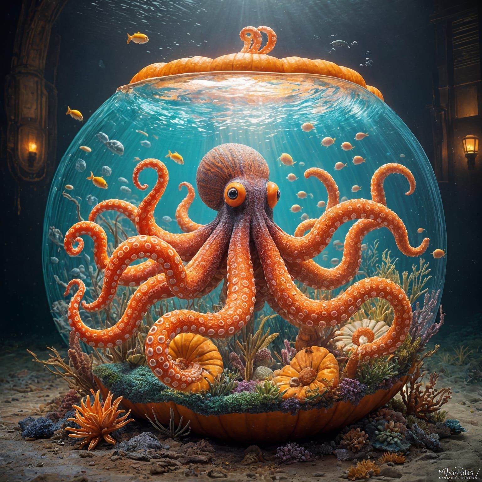 String Art Octopus in Pumpkin Fishbowl, Digital Painting