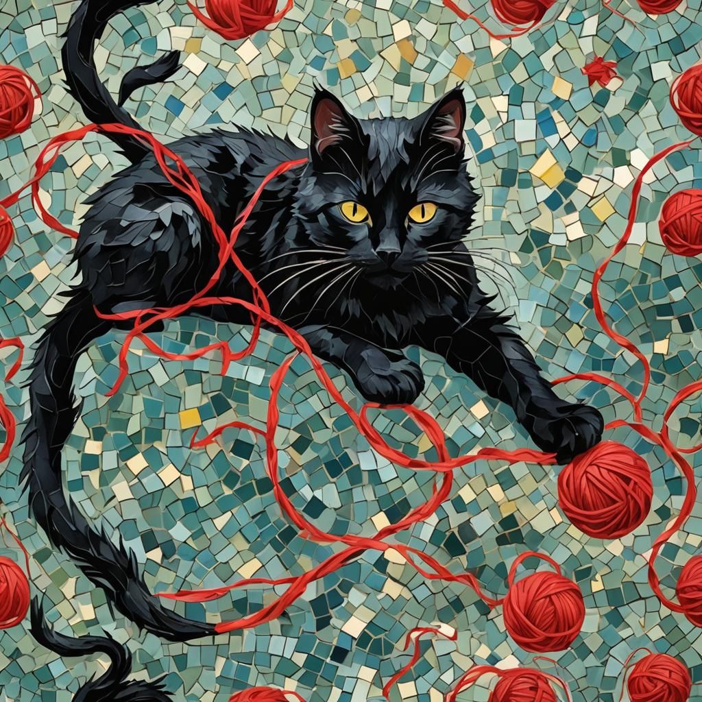 Black Cat with Yarn in Van Gogh Gouache Style