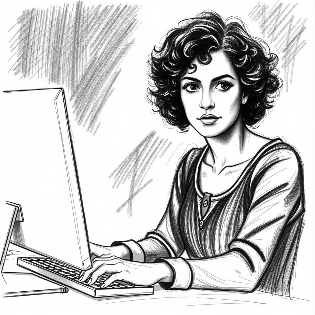 Woman at Computer: Expressive Pencil Sketch