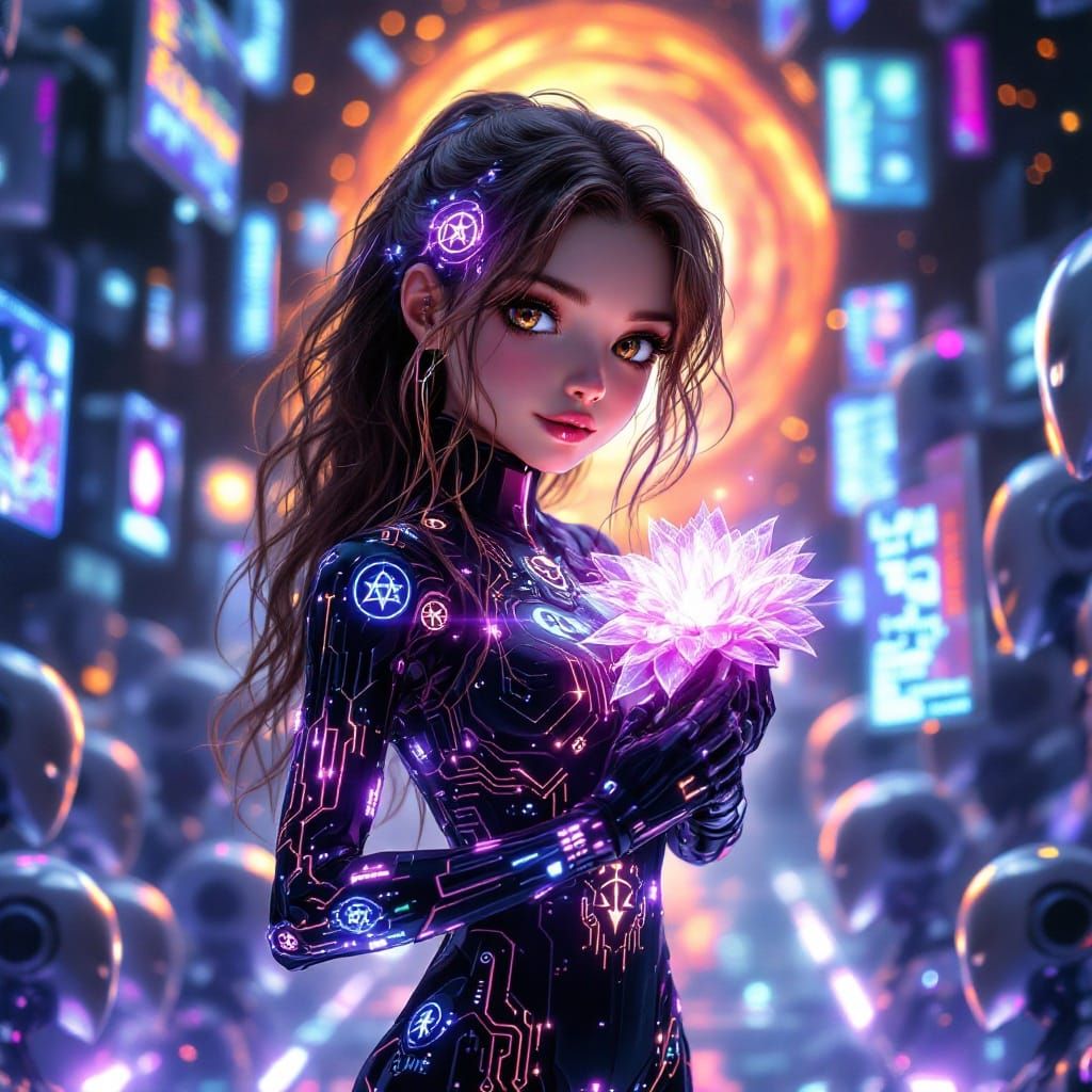 Cyberpunk Girl Amidst Futuristic Machines