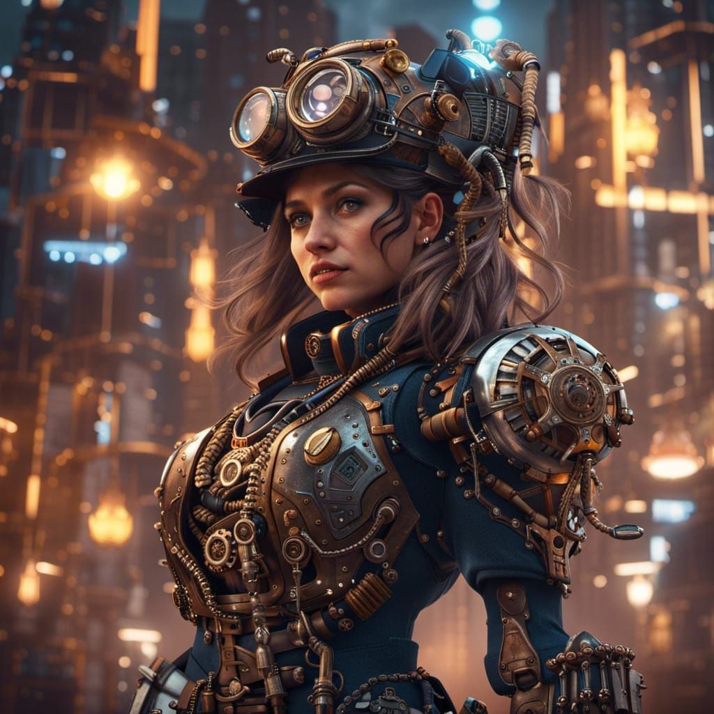 Steampunk Laserpunk Robot Girl Warrior: Detailed Digital Art