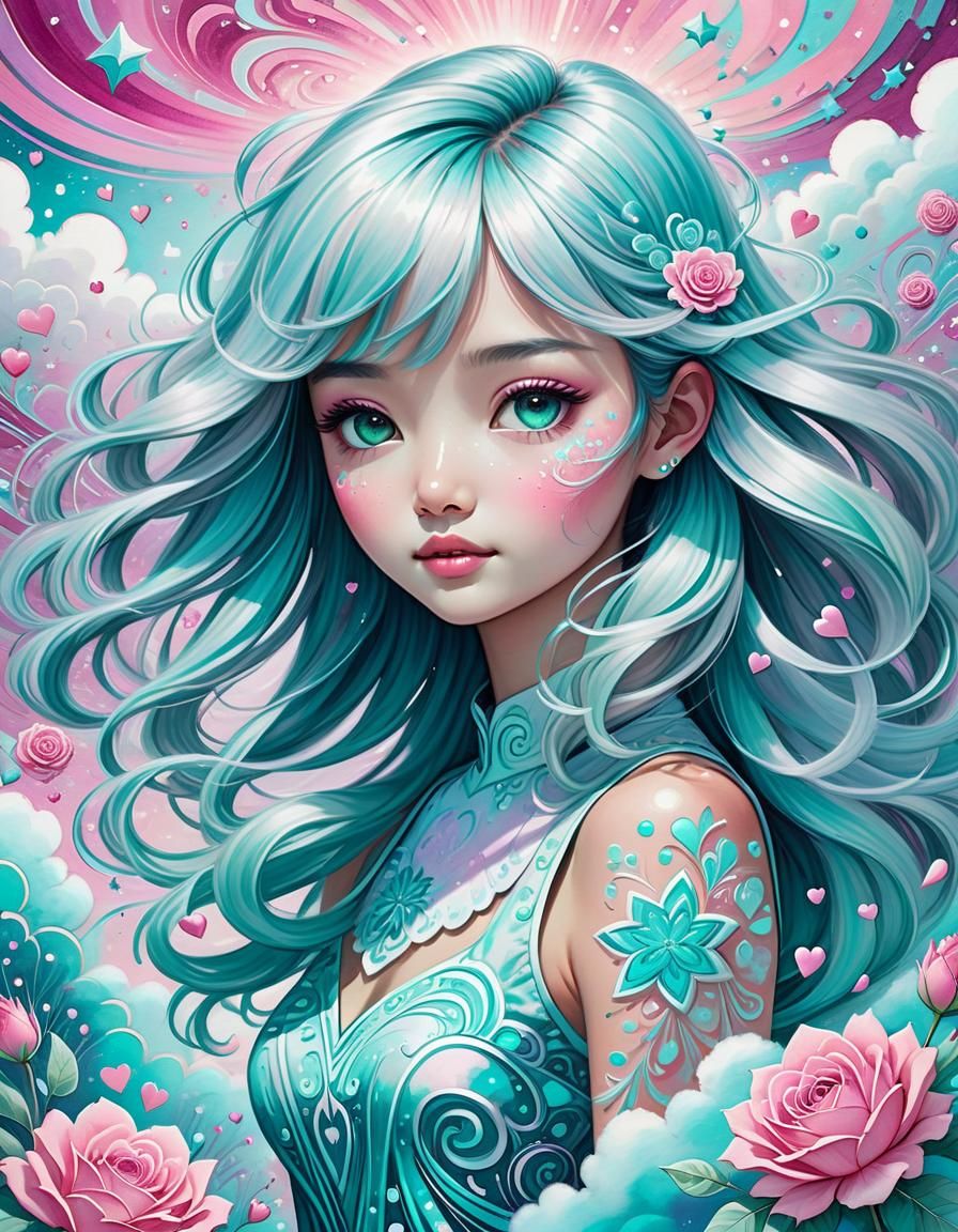 Psychedelic Pastel Dreamscape with Hearts and Starbursts