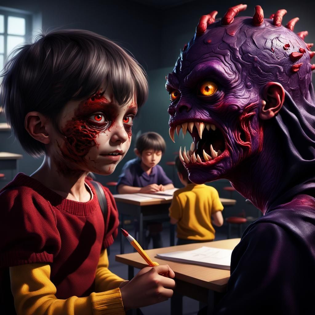 Monster Teacher Transformation in Classroom, Dark Fantasy Ar...