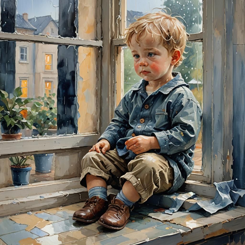 Toddler Watching Rain: Expressionist Impasto Oil Painting