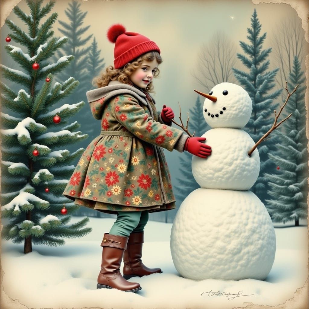 A Young French Girl Builds a Traditional Snowman in a Winter...