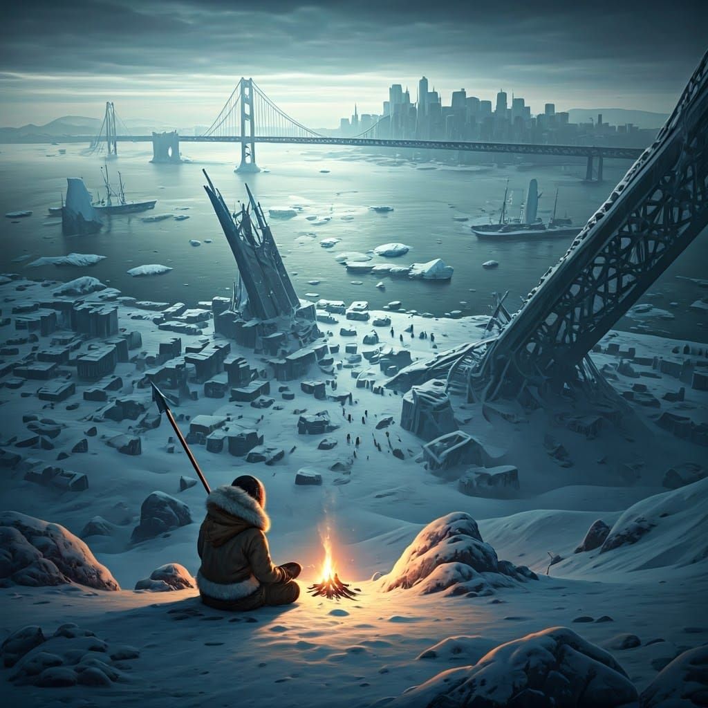Inuit Nomadic Woman Meditates by Fire in Ruined San Francisc...