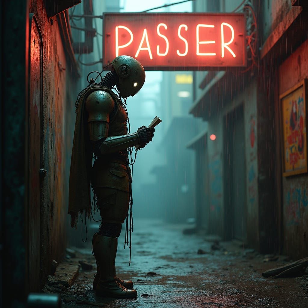Lonely Robot Poet in Dystopian Alleyway