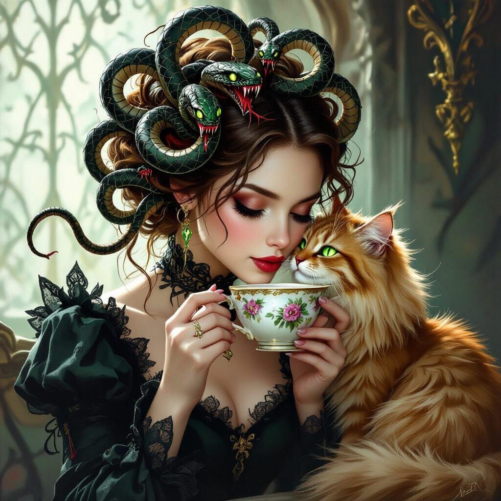 Gothic Fantasy Art: Woman With Snake Hair Kisses Cat