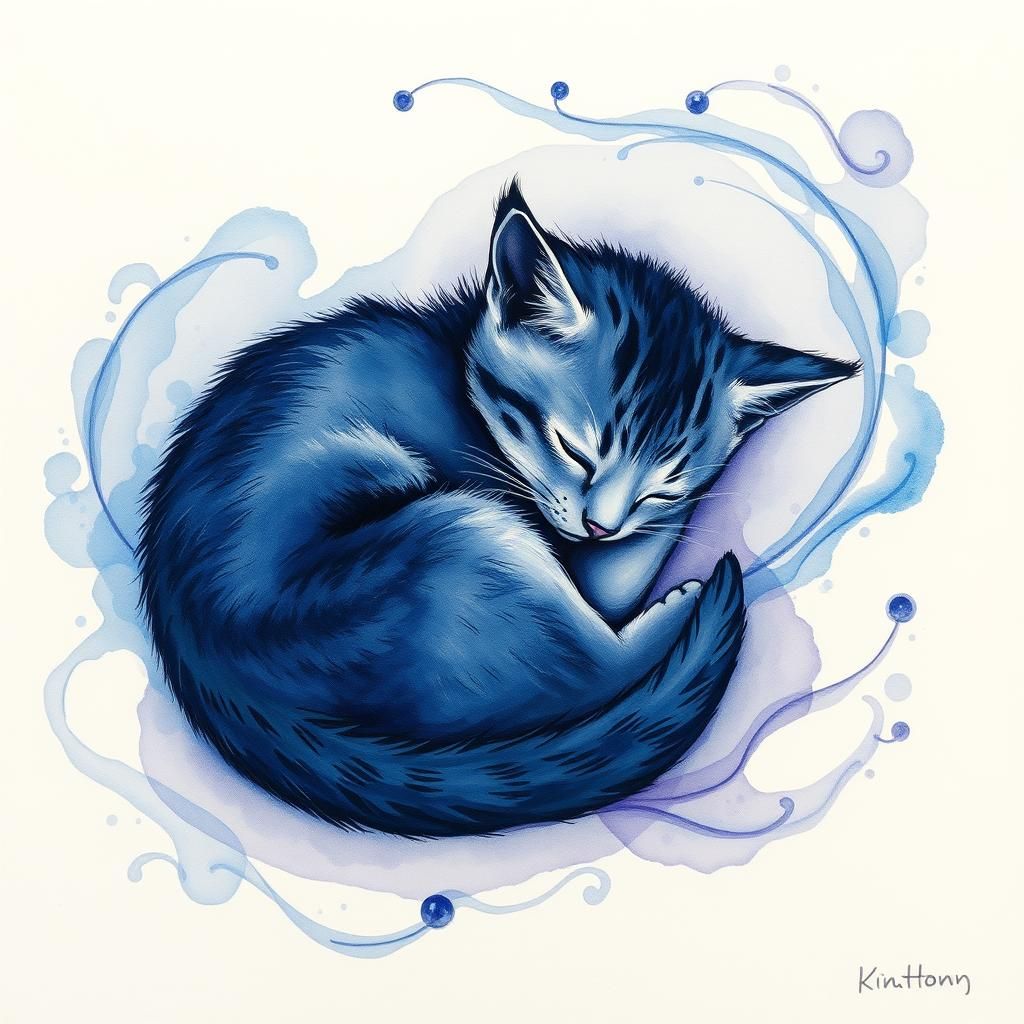 Dreamy Kitten Drifting Off to Sleep in Alcohol Ink