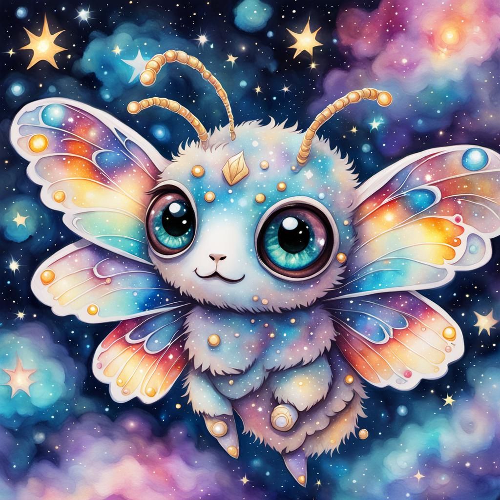 Adorable Sparkling Moth-Man in Galactic Nebula, Watercolor S...