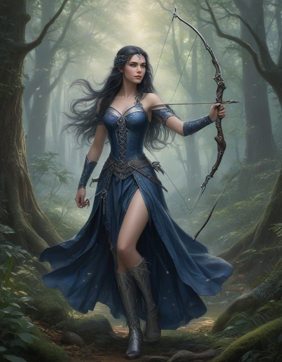 Medieval Fantasy Elf Huntress in Woods