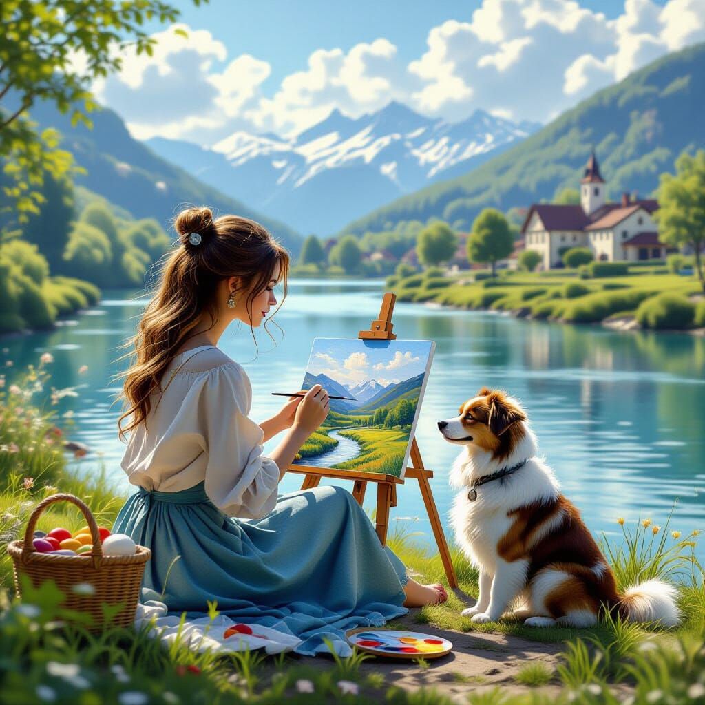 Woman Painting Riverside Landscape with Dog, Hyperrealistic ...