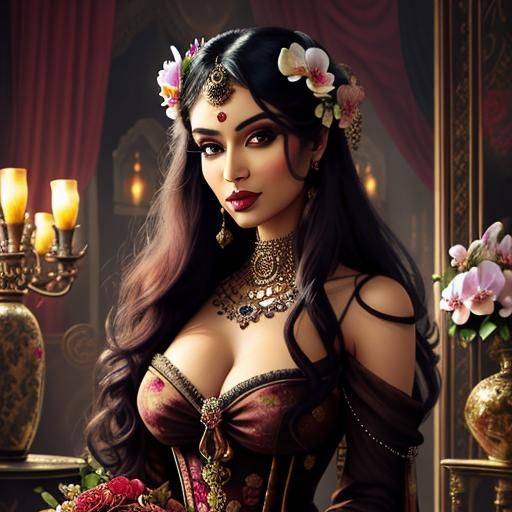 Steampunk Indian Princess Portrait with Flowers