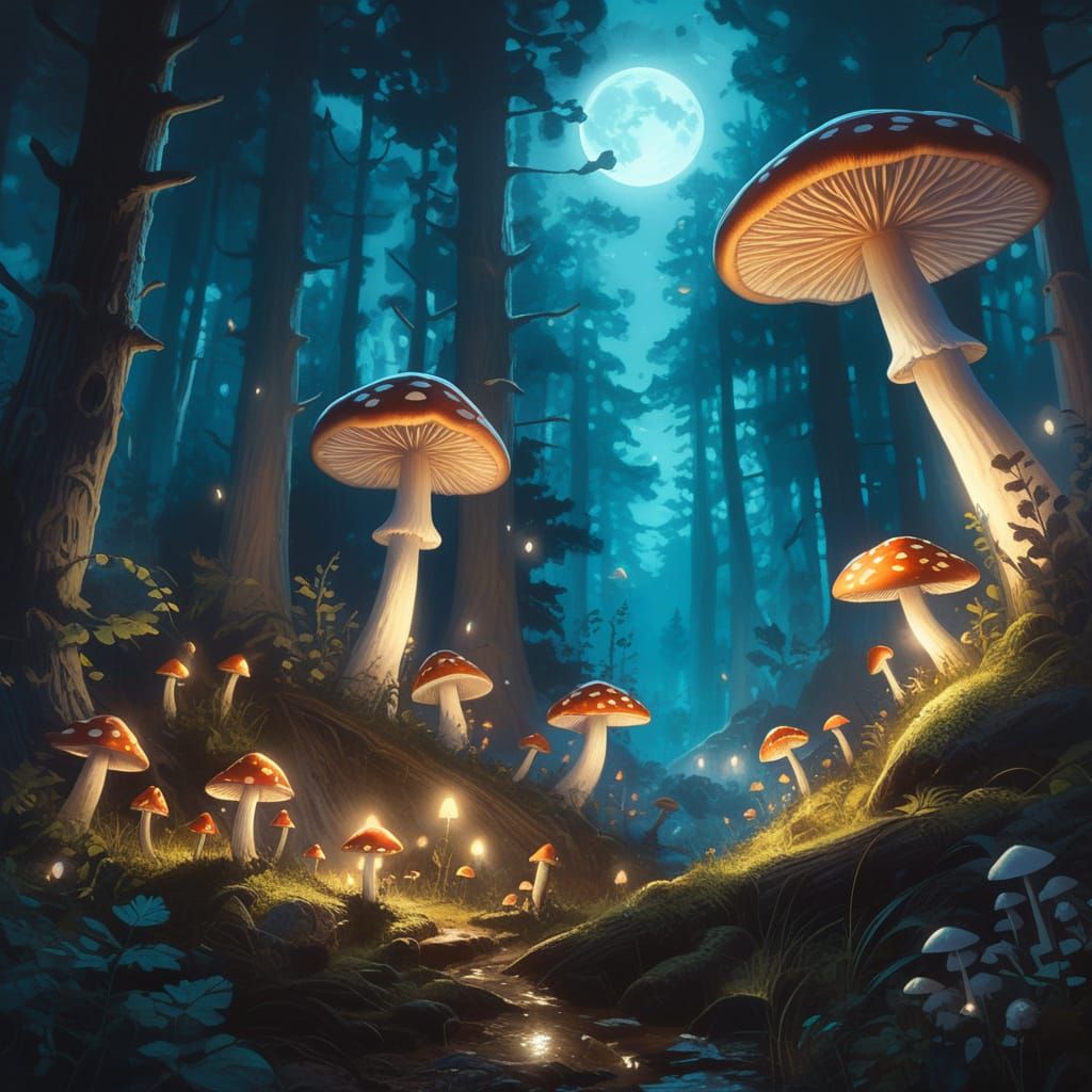 Enchanting Fantasy Creatures in Moonlit Forest Painting