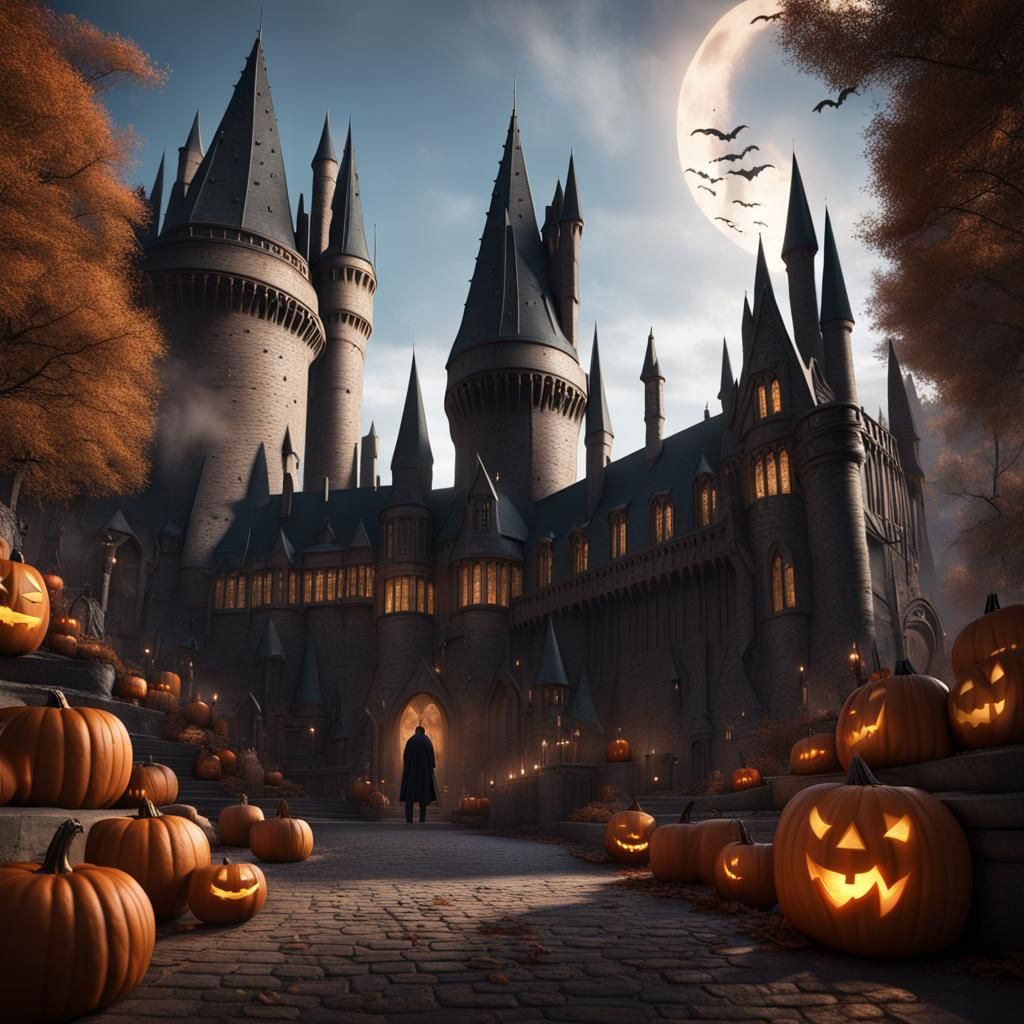 Hogwarts Decorated for Halloween, Fantasy Concept Art