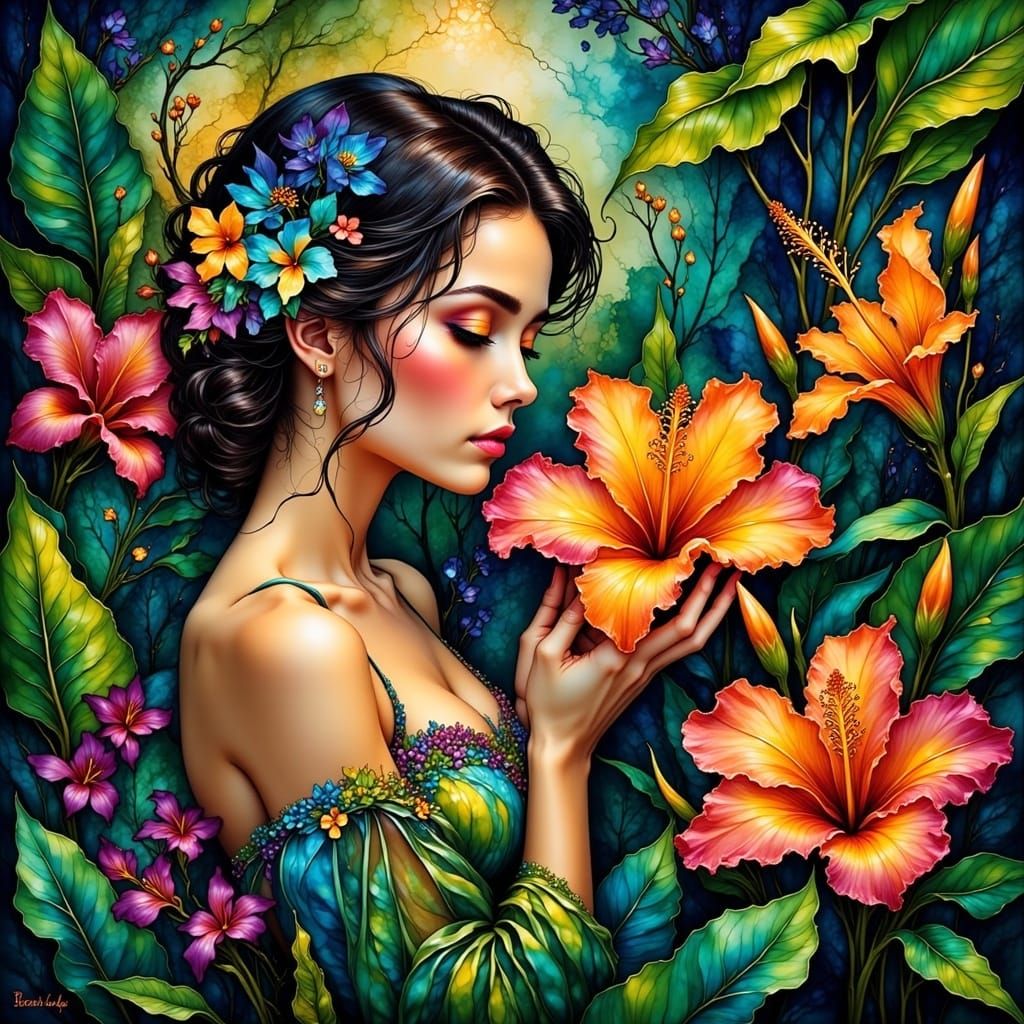Surreal Tropical Goddess Admires Plumeria Blooms in Paradise
