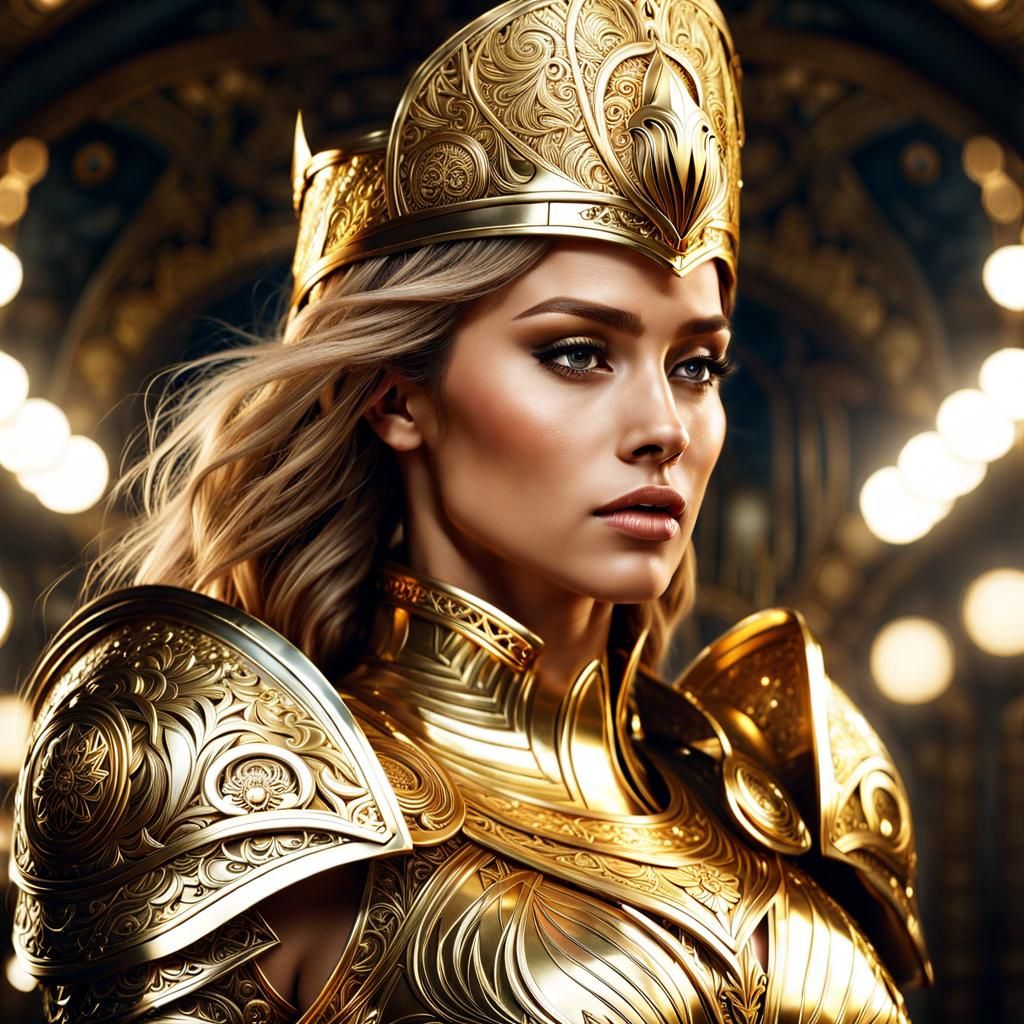 Strong Woman in Shining Golden Armor, Ornate Illustration