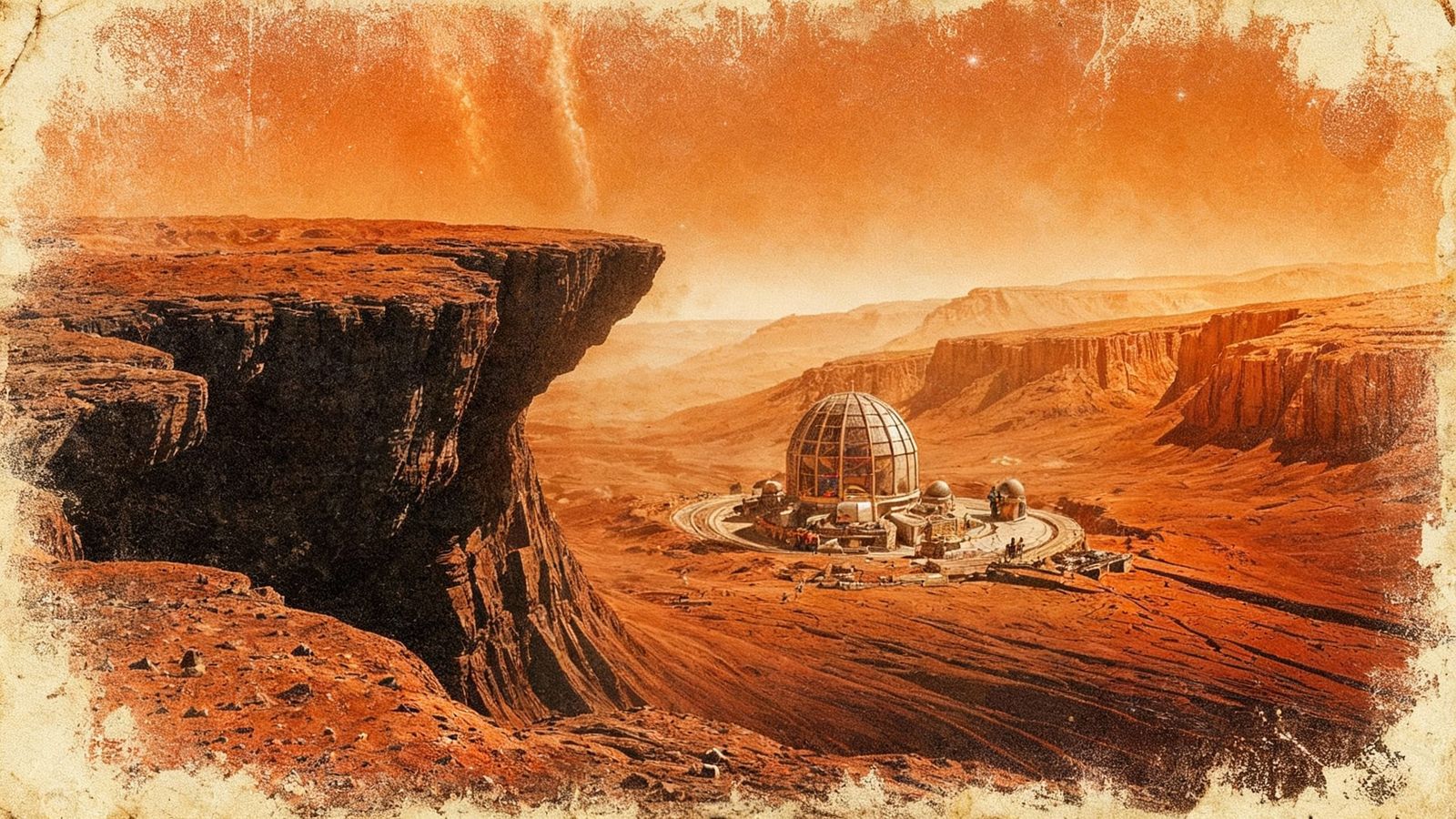 Martian Outpost on Cliff Edge in Vintage Sci-Fi Style