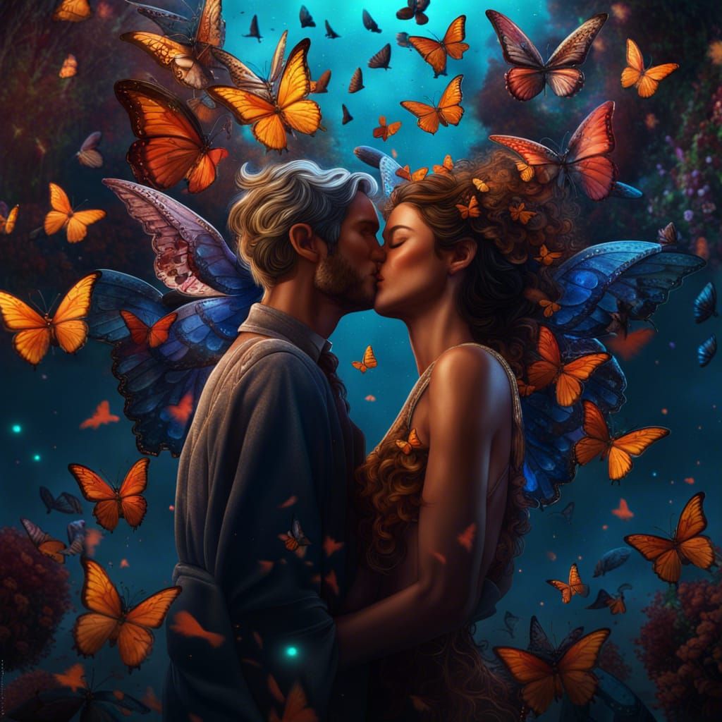 Woman and Angel Kiss in Butterfly Flight