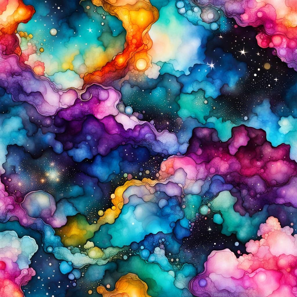 Ethereal Celestial Dreamscape in Alcohol Ink Style