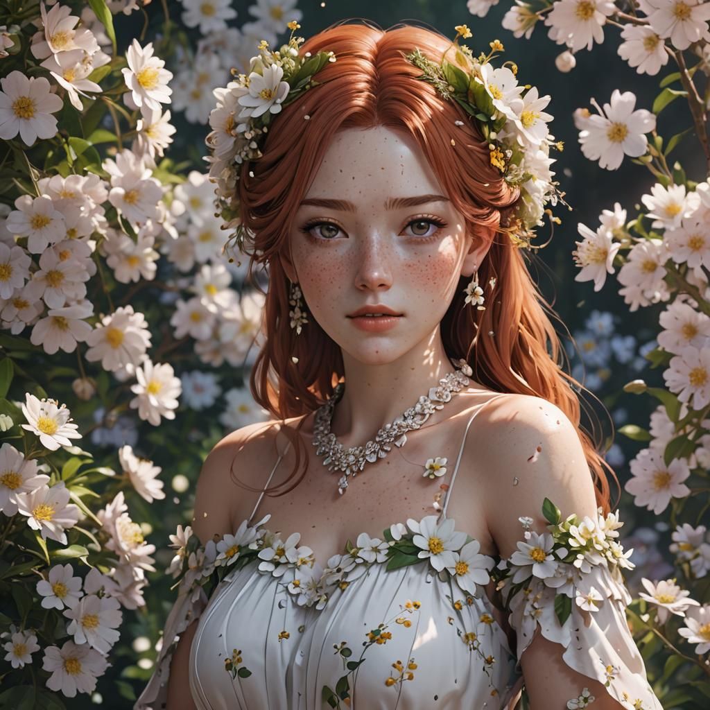 Anime Girl with Flowers, 3D Rendered Art