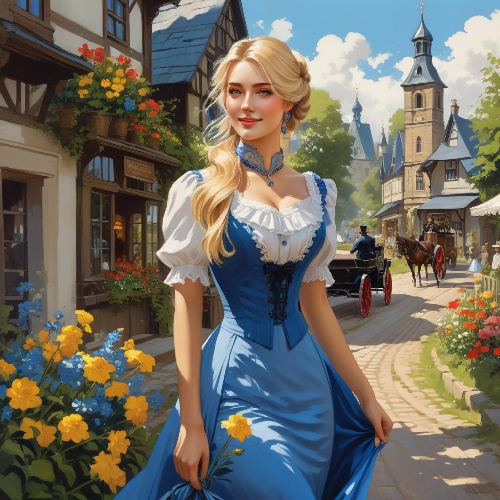 Victorian Girl in Blue Dress on Village Street