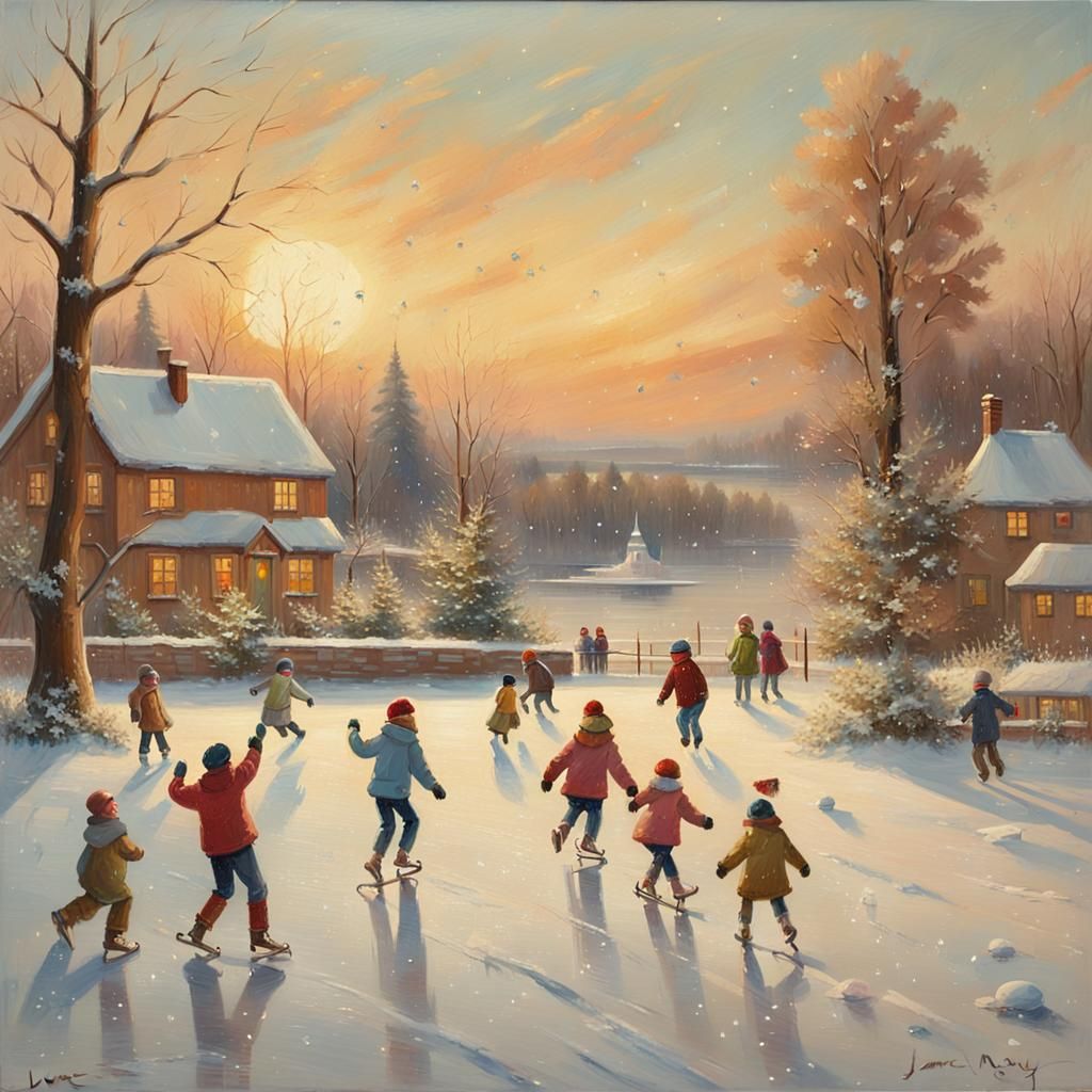 Winter Village Snowball Fight in Impressionist Style