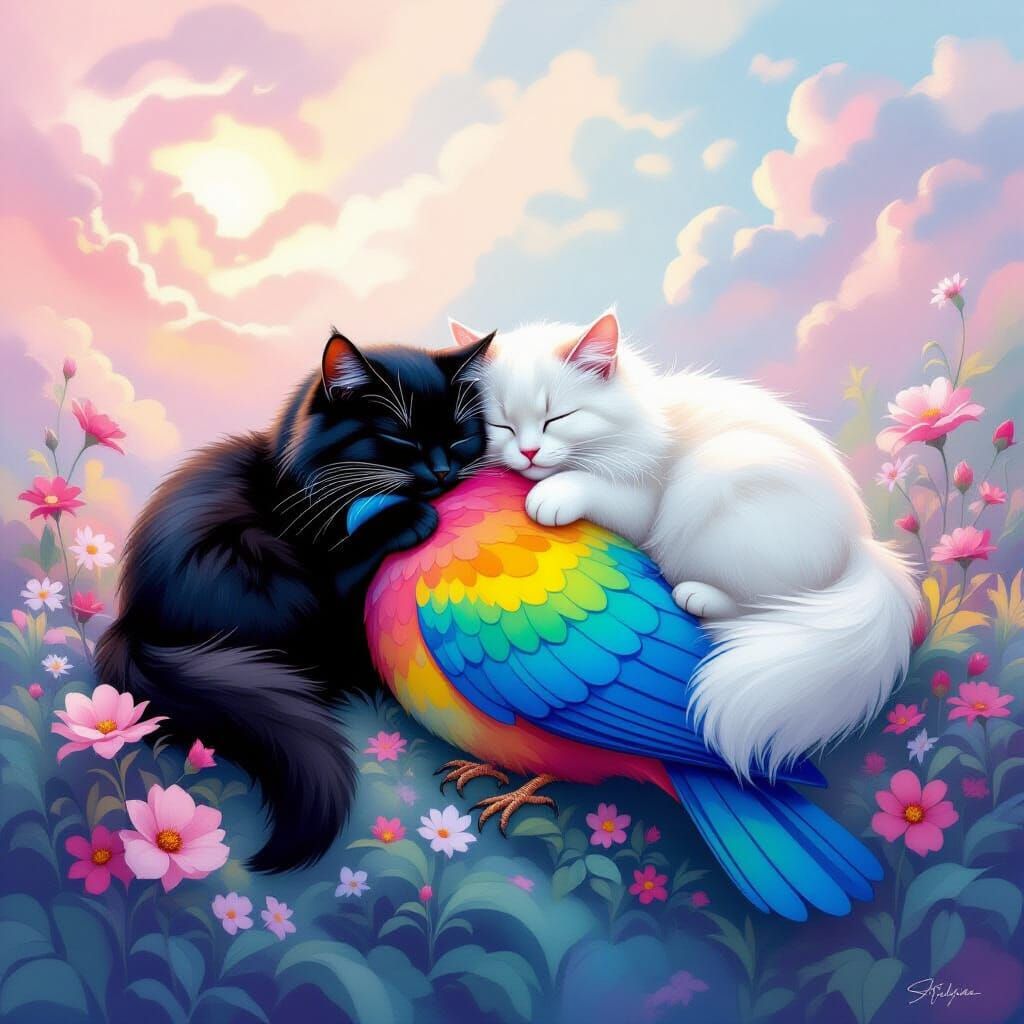 Cats Sleep on Rainbow Bird in Surreal Pink and Blue Landscap...