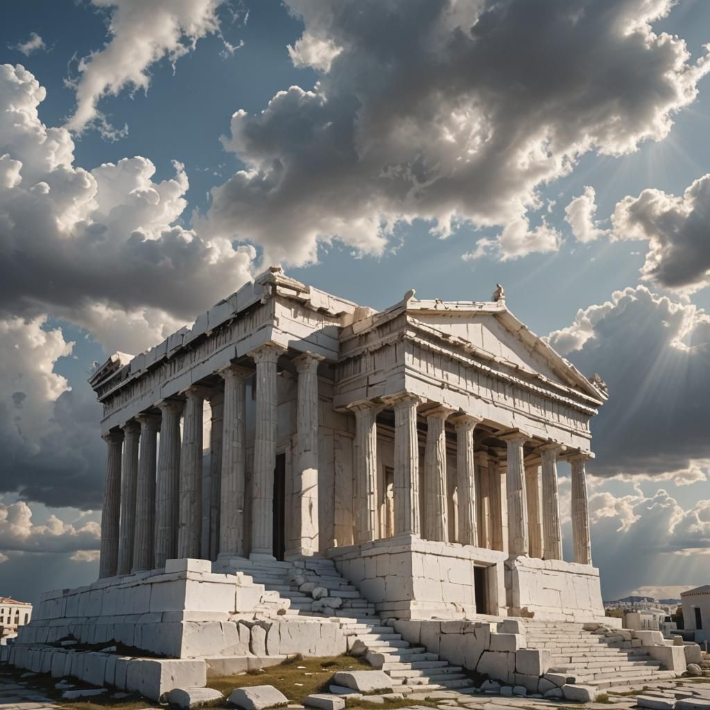 Silver-Plated Greek Temple in Dramatic Sunlight