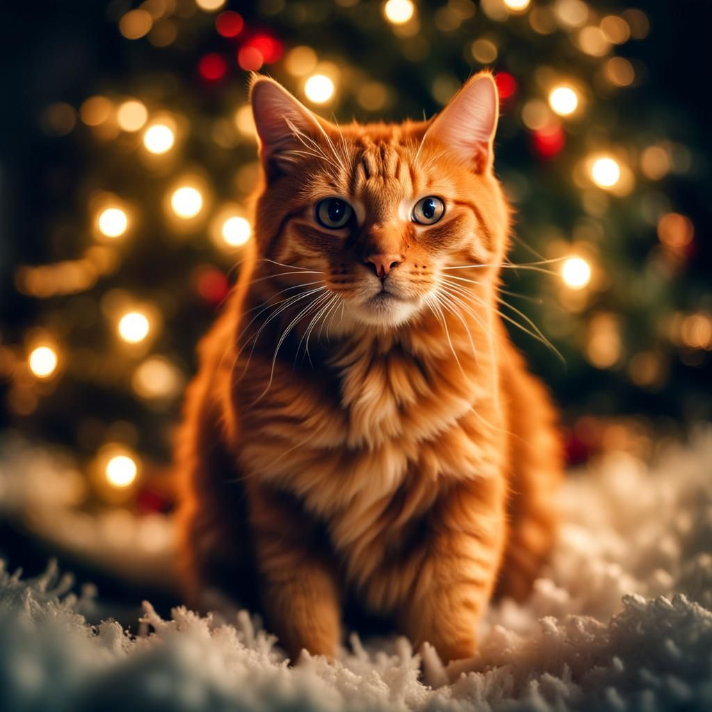 Ginger Cat Christmas Tree Lights Hyperrealistic Image