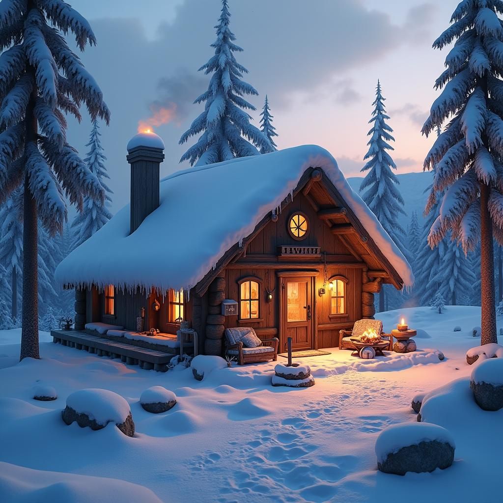 Serene Snowy Hut at Dusk: A Dreamlike Fantasy Scene