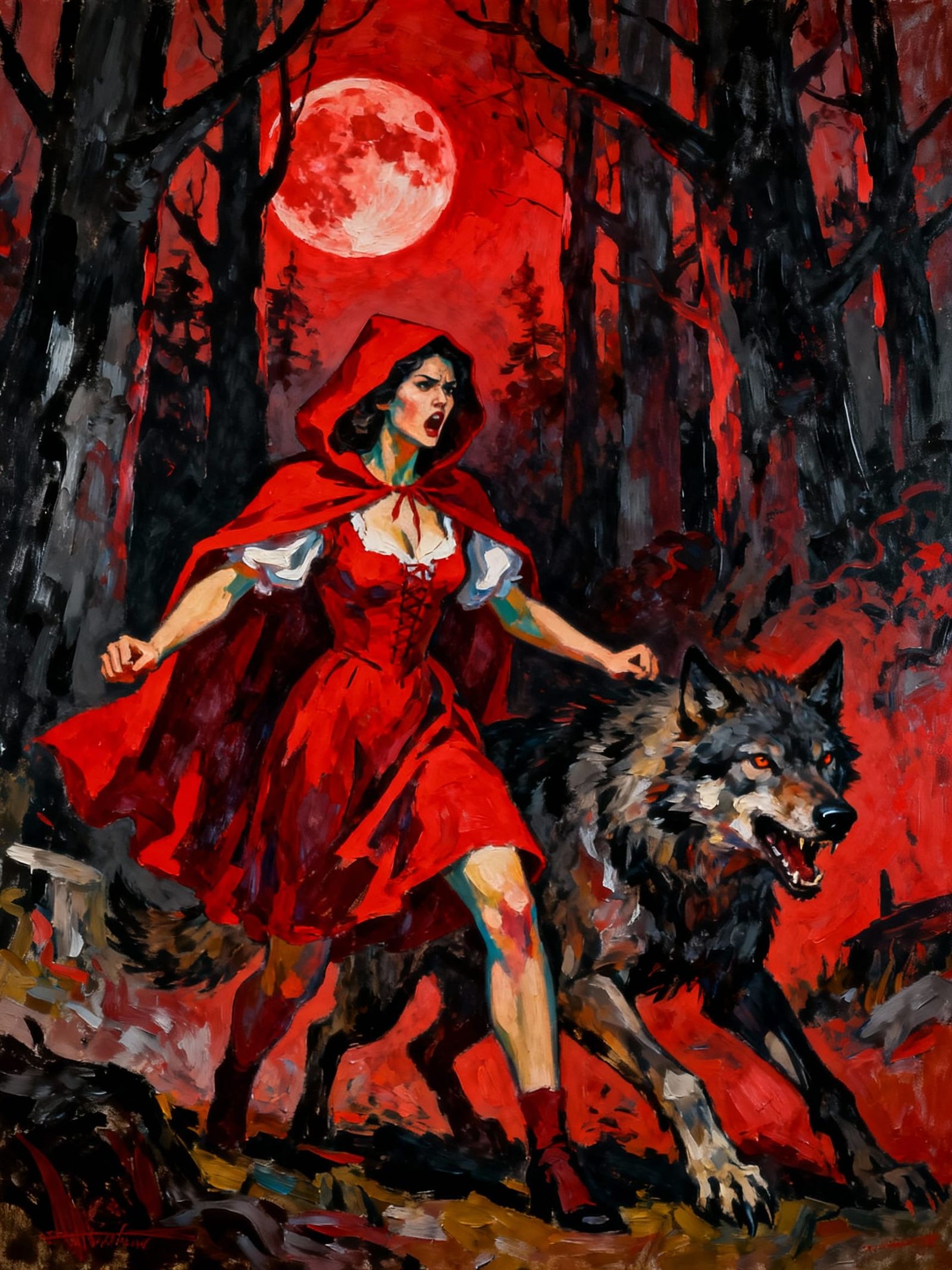 Furious Little Red Riding Hood Confronts Wolf Under Blood Mo...